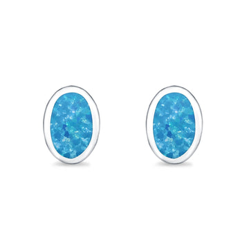 Solitaire Oval Stud Earrings Lab Created Blue Opal 925 Sterling Silver